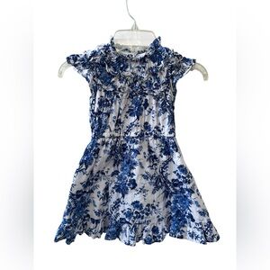 Janie And Jack Floral Toile Ruffle Dress Toddler Girl’s Sz 3 Blue White Cotton